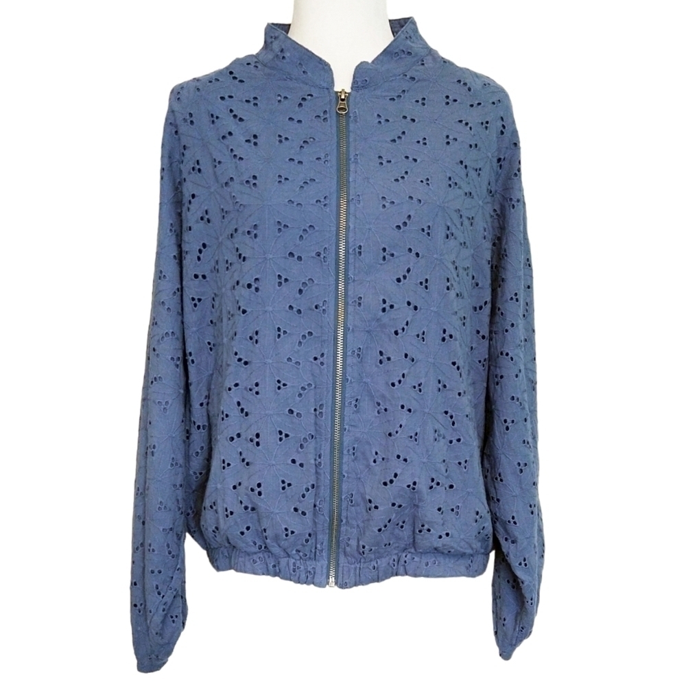 Umgee NWT Blue Eyelet Floral Zip Bomber Jacket Lightweight Boho Grandmacore